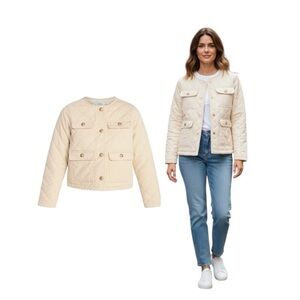 Time and Tru Light Cream Quilted Jacket with Patch Pockets